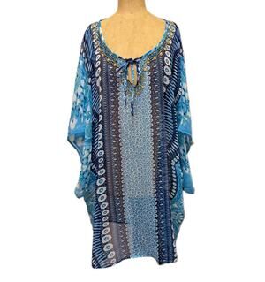 NWT Theodora & Callum Blue Beaded Tunic Top Cover-Up L/XL Sheer Discontinued